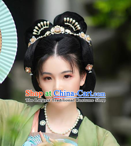 Chinese Classical Palace Golden Lotus Hair Stick Handmade Hanfu Hair Accessories Ancient Tang Dynasty Princess Hairpins Pearls Hair Crown