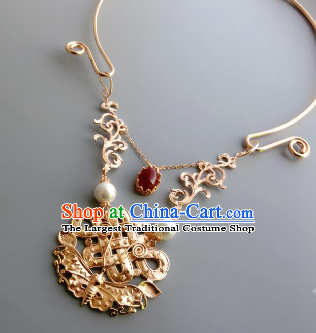 Chinese Handmade Hanfu Golden Butterfly Necklet Classical Jewelry Accessories Ancient Ming Dynasty Princess Necklace for Women