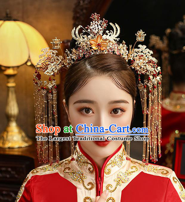 Chinese Classical Wedding Silk Flower Phoenix Coronet Handmade Hair Accessories Ancient Bride Hairpins Tassel Hair Crown Complete Set