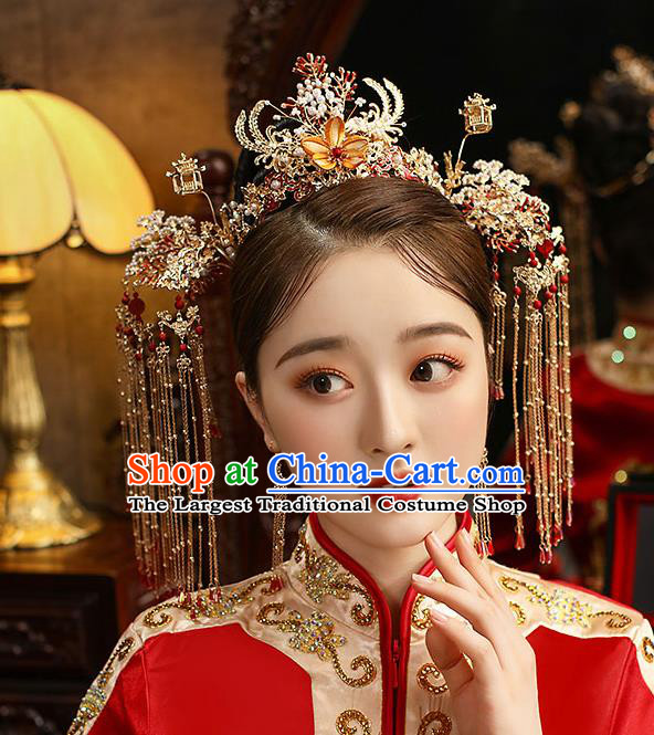Chinese Classical Wedding Silk Flower Phoenix Coronet Handmade Hair Accessories Ancient Bride Hairpins Tassel Hair Crown Complete Set