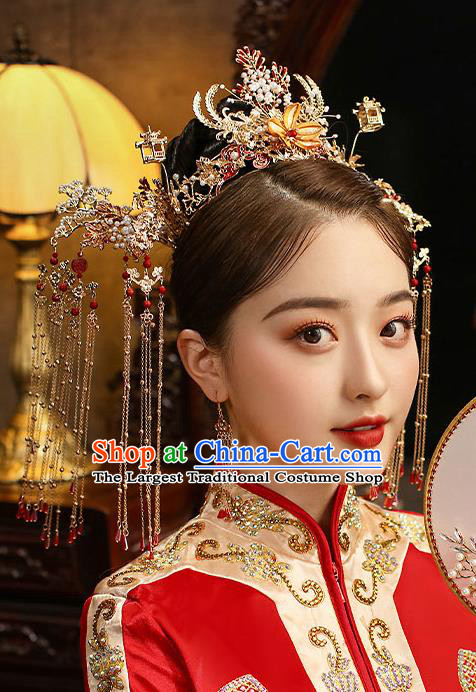 Chinese Classical Wedding Silk Flower Phoenix Coronet Handmade Hair Accessories Ancient Bride Hairpins Tassel Hair Crown Complete Set