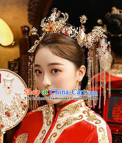 Chinese Classical Wedding Silk Flower Phoenix Coronet Handmade Hair Accessories Ancient Bride Hairpins Tassel Hair Crown Complete Set