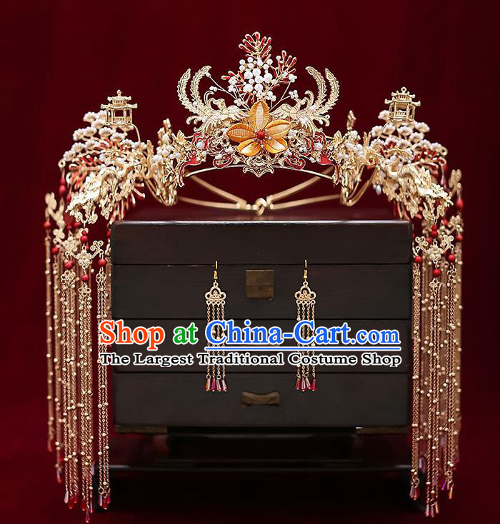 Chinese Classical Wedding Silk Flower Phoenix Coronet Handmade Hair Accessories Ancient Bride Hairpins Tassel Hair Crown Complete Set