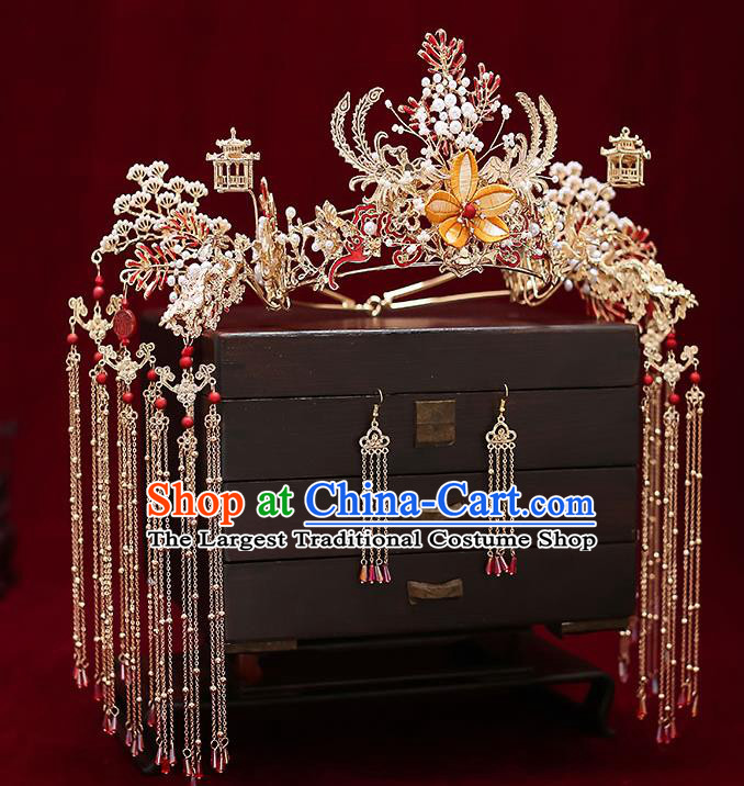 Chinese Classical Wedding Silk Flower Phoenix Coronet Handmade Hair Accessories Ancient Bride Hairpins Tassel Hair Crown Complete Set