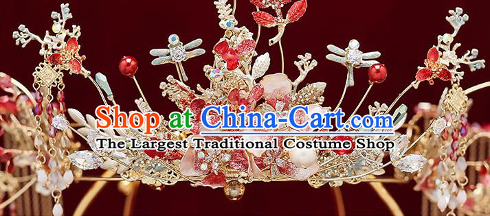 Chinese Classical Wedding Dragonfly Phoenix Coronet Handmade Hair Accessories Ancient Bride Tassel Hair Crown Hairpins Complete Set