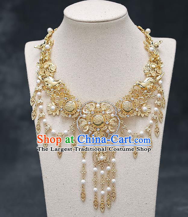 Chinese Handmade Hanfu Golden Necklet and Earrings Ancient Wedding Necklace Classical Jewelry Accessories for Women