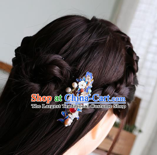 Chinese Classical Palace Blueing Hair Claw Handmade Hanfu Hair Accessories Ancient Qing Dynasty Princess Hairpins Pearls Gems Hair Stick