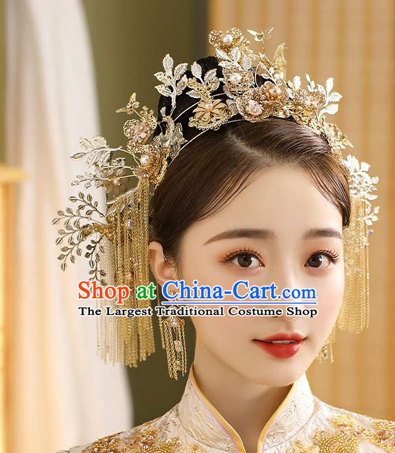 Chinese Classical Wedding Golden Butterfly Plum Hair Crown Handmade Hair Accessories Ancient Bride Tassel Hairpins Complete Set