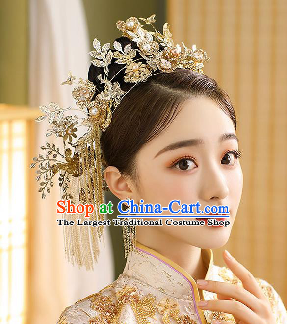 Chinese Classical Wedding Golden Butterfly Plum Hair Crown Handmade Hair Accessories Ancient Bride Tassel Hairpins Complete Set