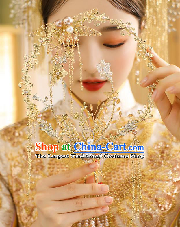 Chinese Handmade Wedding Golden Tassel Palace Fans Classical Fans Ancient Bride Crystal Round Fans