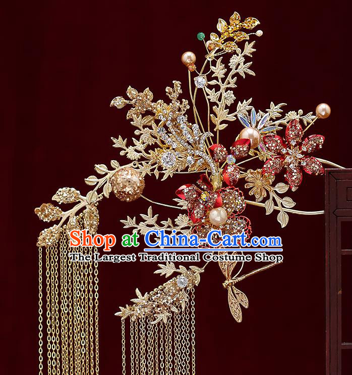 Chinese Classical Wedding Hair Crown Handmade Hair Accessories Ancient Bride Golden Hairpins Tassel Step Shake Complete Set