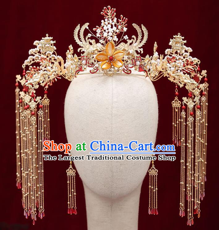 Chinese Classical Wedding Yellow Silk Flowers Hair Crown Handmade Hair Accessories Ancient Bride Tassel Hairpins Phoenix Coronet Complete Set