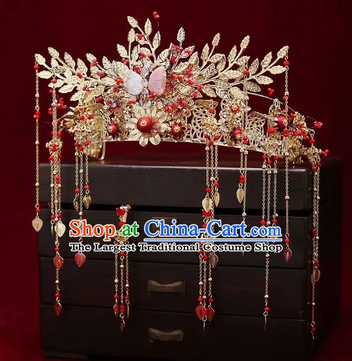 Chinese Classical Wedding Pink Shell Butterfly Hair Crown Handmade Hair Accessories Ancient Bride Tassel Hairpins Phoenix Coronet Complete Set