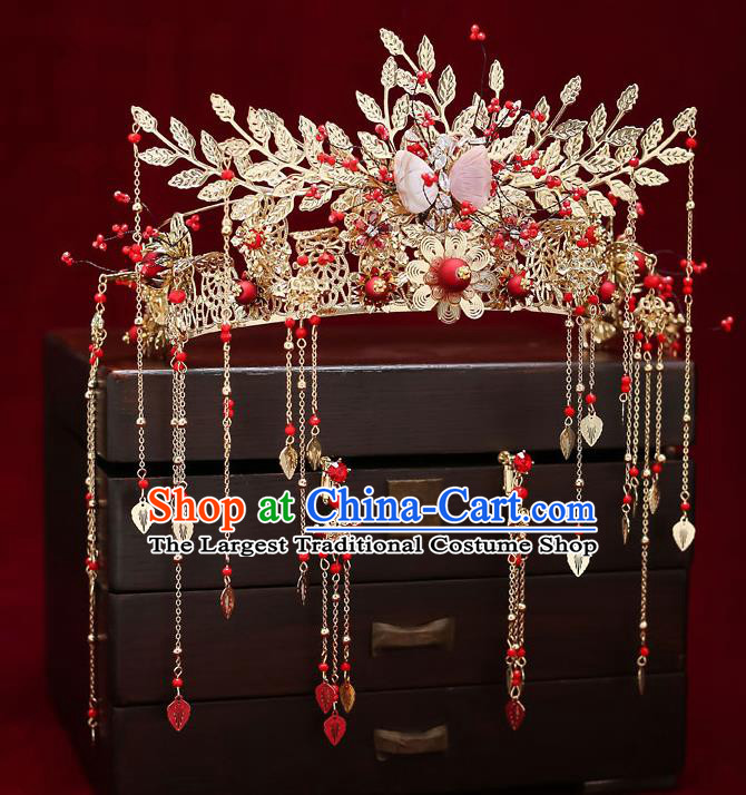 Chinese Classical Wedding Pink Shell Butterfly Hair Crown Handmade Hair Accessories Ancient Bride Tassel Hairpins Phoenix Coronet Complete Set