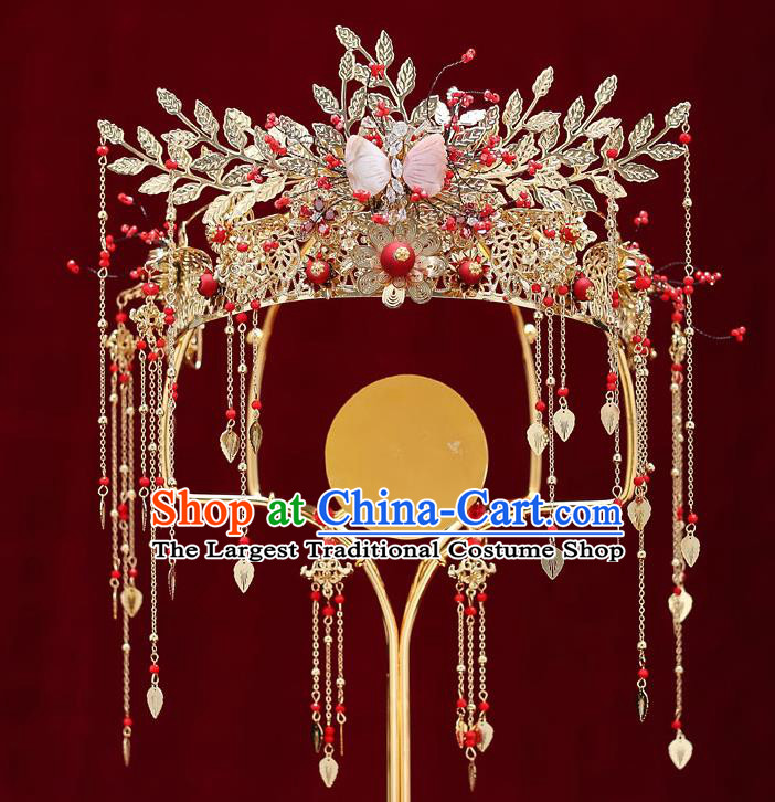 Chinese Classical Wedding Pink Shell Butterfly Hair Crown Handmade Hair Accessories Ancient Bride Tassel Hairpins Phoenix Coronet Complete Set