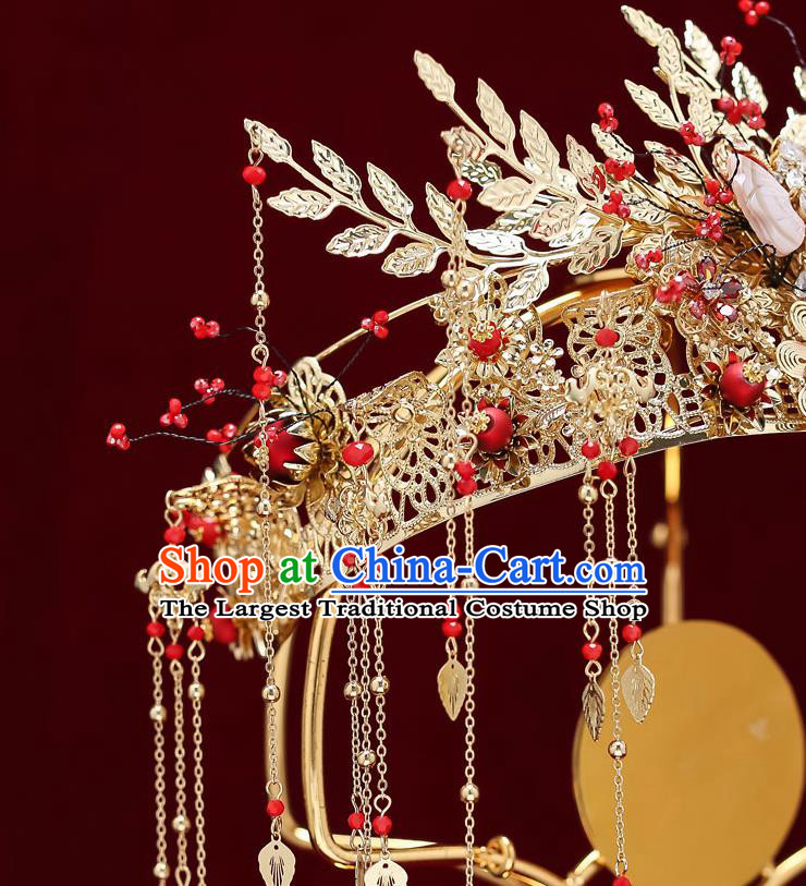Chinese Classical Wedding Pink Shell Butterfly Hair Crown Handmade Hair Accessories Ancient Bride Tassel Hairpins Phoenix Coronet Complete Set