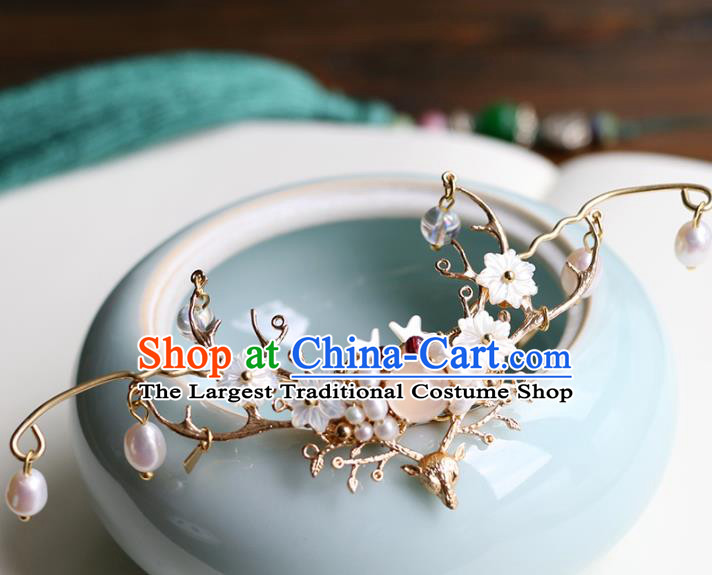Chinese Classical Palace Shell Plum Hair Stick Handmade Hanfu Hair Accessories Ancient Qing Dynasty Princess Hairpins Golden Hair Crown
