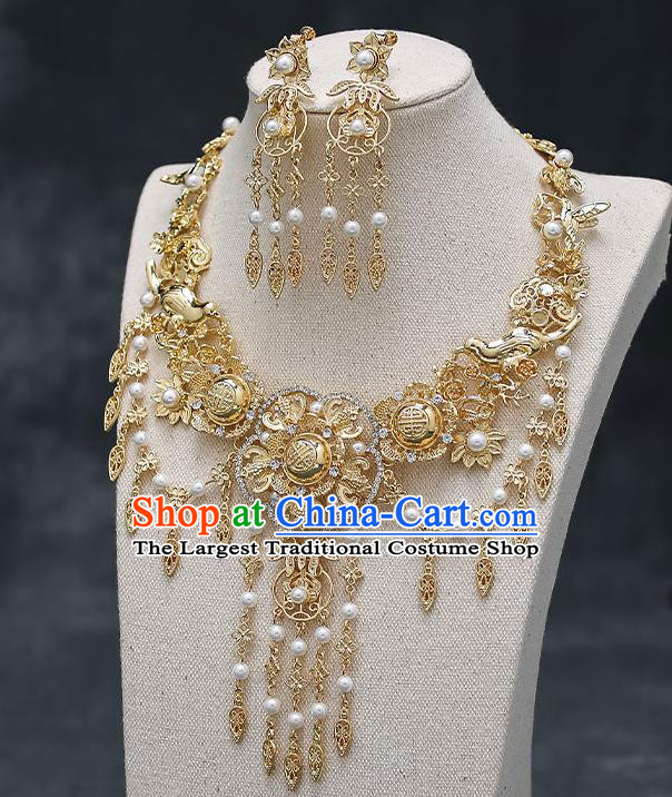 Chinese Handmade Hanfu Golden Necklet and Earrings Ancient Wedding Necklace Classical Jewelry Accessories for Women