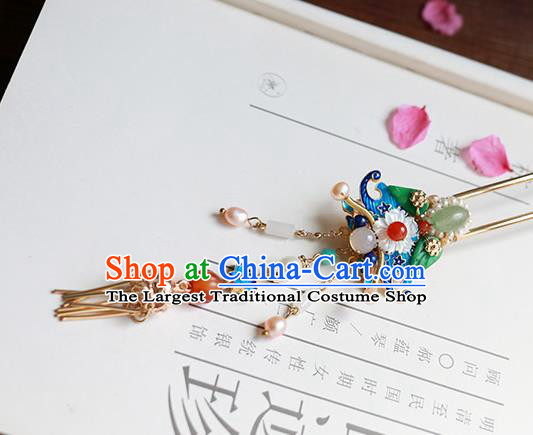 Chinese Classical Palace Blueing Bat Hair Stick Handmade Hanfu Hair Accessories Ancient Ming Dynasty Princess Jade Pearls Hairpins
