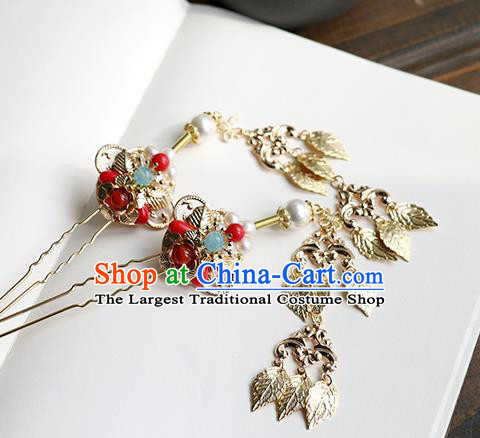 Chinese Classical Palace Golden Leaf Tassel Hair Stick Handmade Hanfu Hair Accessories Ancient Ming Dynasty Princess Hairpins