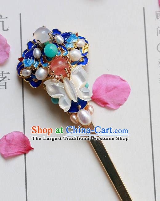Chinese Classical Palace Gems Blueing Hair Stick Handmade Hanfu Hair Accessories Ancient Ming Dynasty Princess Pearls Shell Butterfly Hairpins