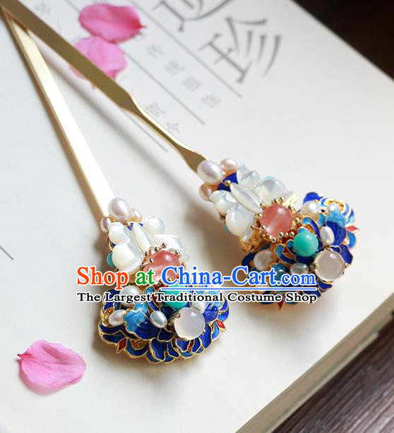 Chinese Classical Palace Gems Blueing Hair Stick Handmade Hanfu Hair Accessories Ancient Ming Dynasty Princess Pearls Shell Butterfly Hairpins