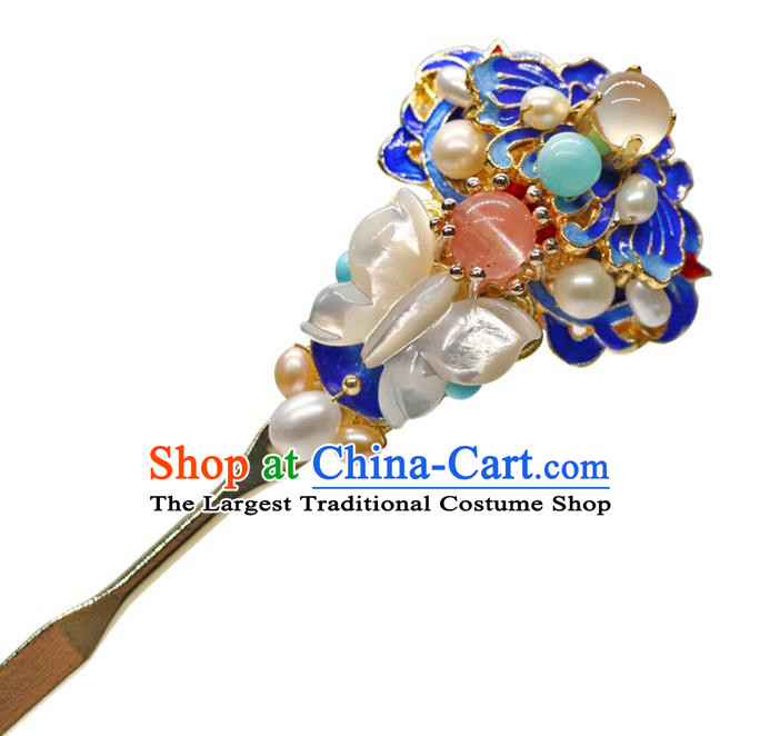 Chinese Classical Palace Gems Blueing Hair Stick Handmade Hanfu Hair Accessories Ancient Ming Dynasty Princess Pearls Shell Butterfly Hairpins
