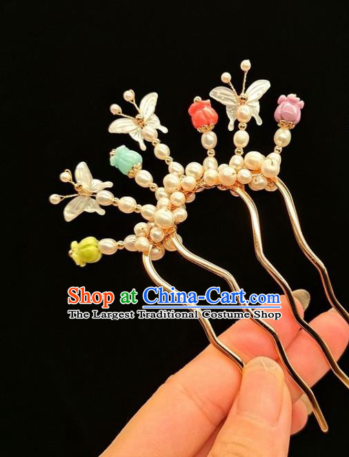 Chinese Classical Shell Butterfly Hair Comb Handmade Hanfu Hair Accessories Ancient Song Dynasty Princess Pearls Hairpins