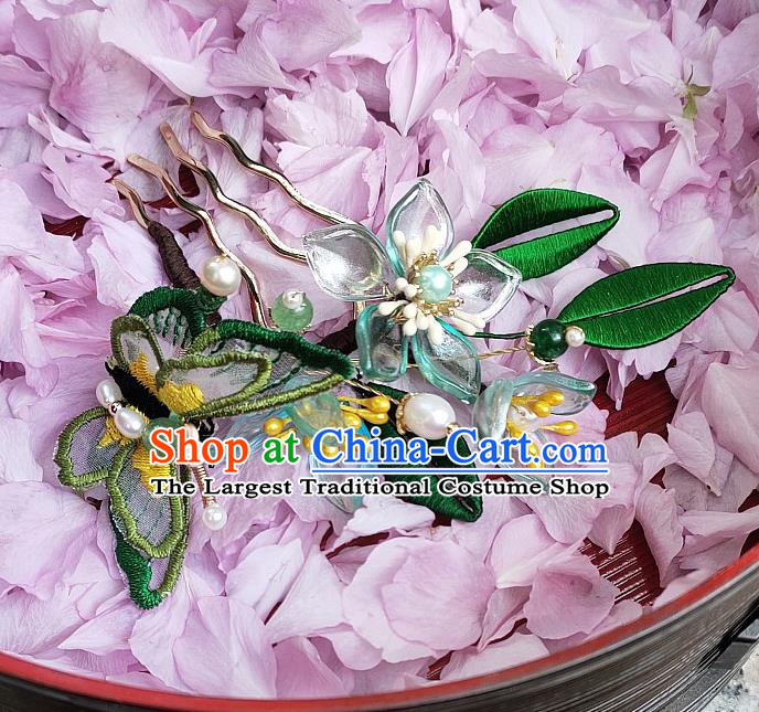 Chinese Classical Green Butterfly Hair Comb Handmade Hanfu Hair Accessories Ancient Song Dynasty Princess Green Plum Hairpins