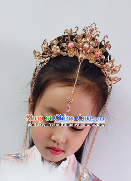 Chinese Classical Golden Phoenix Coronet Handmade Hanfu Hair Accessories Ancient Tang Dynasty Princess Hairpins Tassel Hair Crown