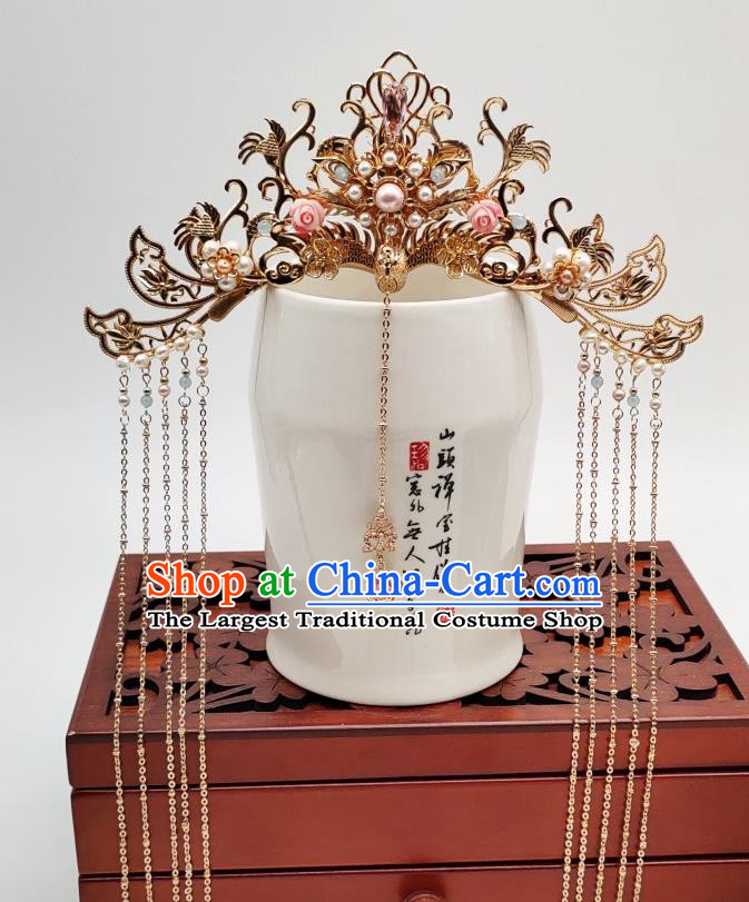 Chinese Classical Golden Phoenix Coronet Handmade Hanfu Hair Accessories Ancient Tang Dynasty Princess Hairpins Tassel Hair Crown