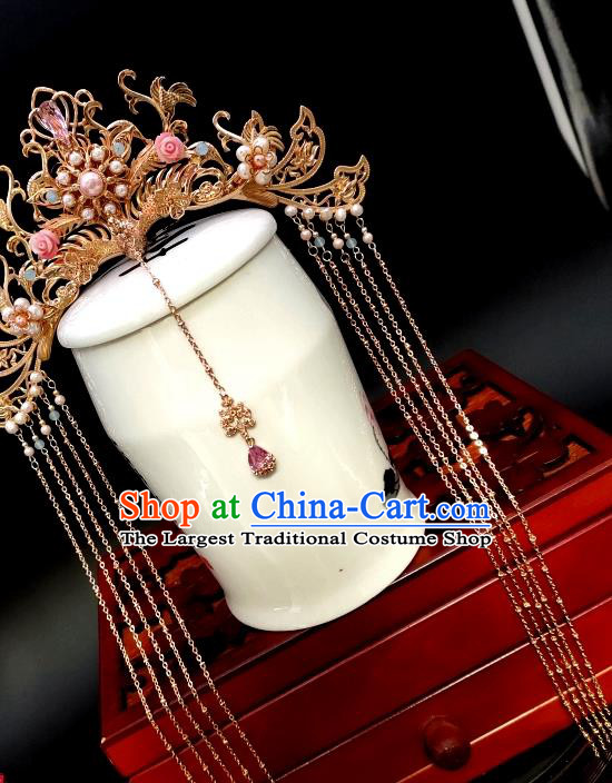 Chinese Classical Golden Phoenix Coronet Handmade Hanfu Hair Accessories Ancient Tang Dynasty Princess Hairpins Tassel Hair Crown