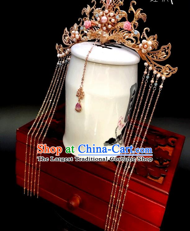 Chinese Classical Golden Phoenix Coronet Handmade Hanfu Hair Accessories Ancient Tang Dynasty Princess Hairpins Tassel Hair Crown