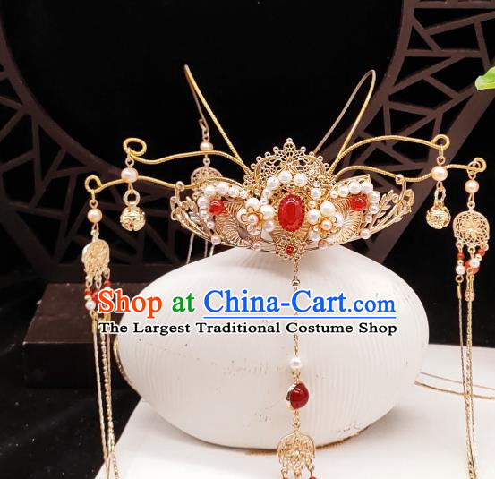 Chinese Classical Pearls Phoenix Coronet Handmade Hanfu Hair Accessories Ancient Tang Dynasty Princess Hairpins Tassel Hair Crown