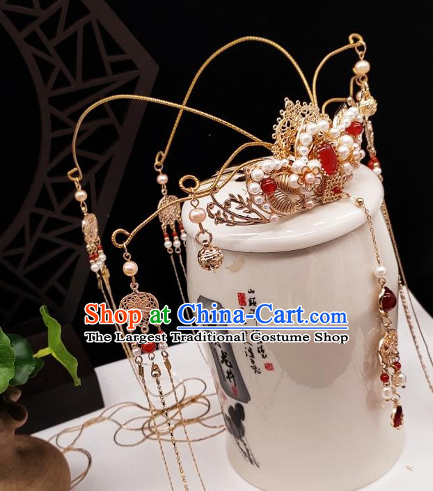 Chinese Classical Pearls Phoenix Coronet Handmade Hanfu Hair Accessories Ancient Tang Dynasty Princess Hairpins Tassel Hair Crown