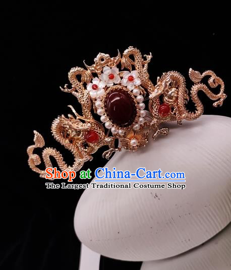 Chinese Classical Golden Dragon Phoenix Coronet Handmade Hanfu Hair Accessories Ancient Tang Dynasty Princess Hairpins Agate Hair Crown