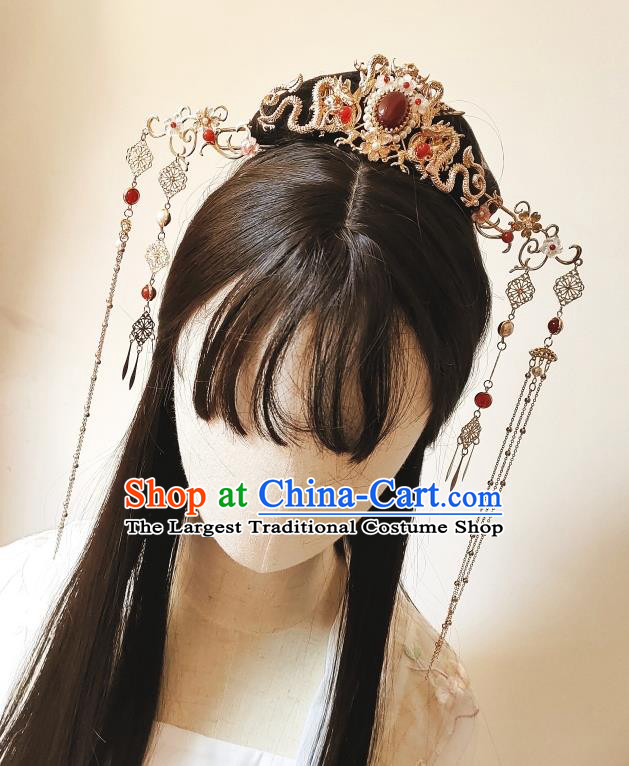 Chinese Classical Golden Dragon Phoenix Coronet Handmade Hanfu Hair Accessories Ancient Tang Dynasty Princess Hairpins Agate Hair Crown