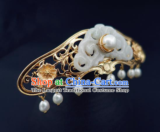 Chinese Classical Jade Hair Crown Handmade Hanfu Hair Accessories Ancient Song Dynasty Empress Golden Hairpins
