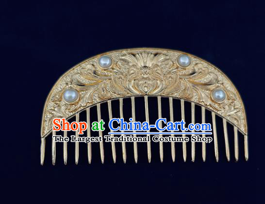 Chinese Classical Golden Hair Comb Handmade Hanfu Hair Accessories Ancient Tang Dynasty Empress Carving Peony Pearls Hairpins