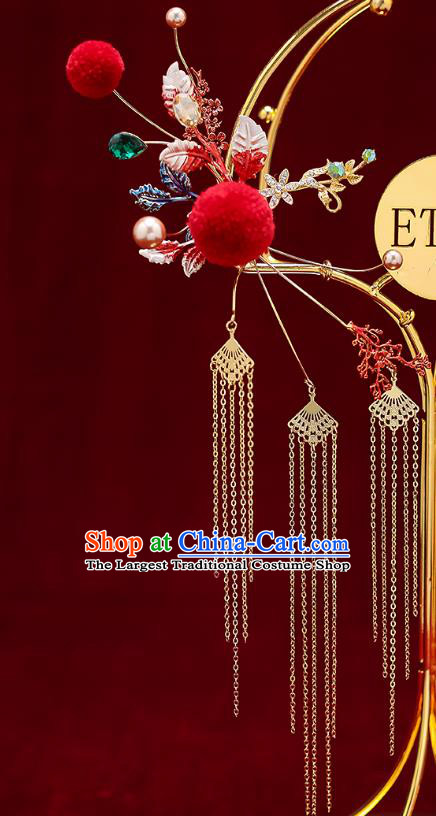Chinese Classical Wedding Red Venonat Hair Crown Handmade Hair Accessories Ancient Bride Hairpins Hair Comb Complete Set