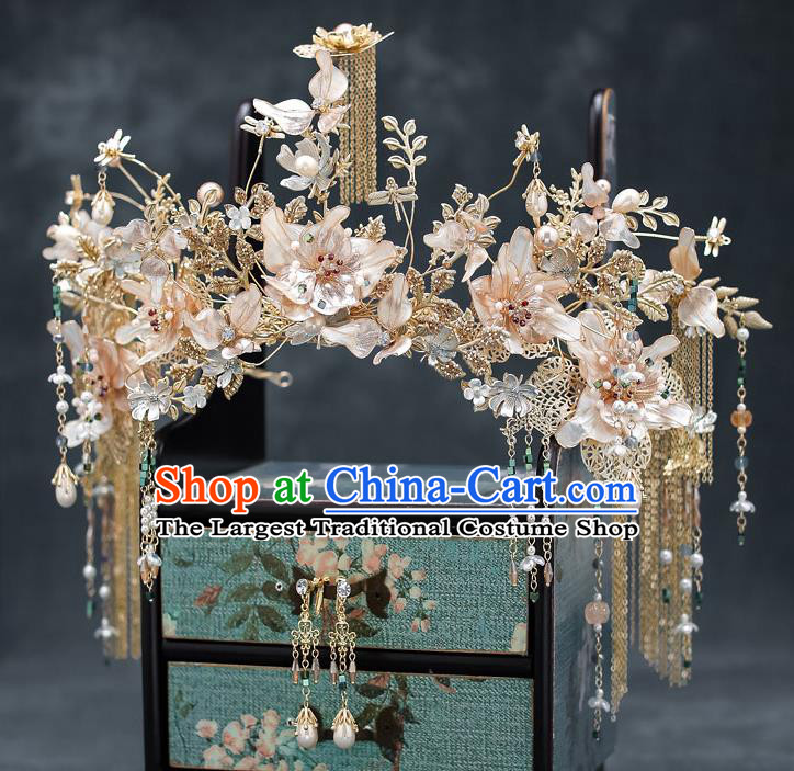 Chinese Classical Wedding Hair Crown Handmade Hair Accessories Ancient Bride Hairpins Champagne Flowers Phoenix Coronet Complete Set