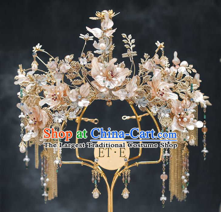 Chinese Classical Wedding Hair Crown Handmade Hair Accessories Ancient Bride Hairpins Champagne Flowers Phoenix Coronet Complete Set