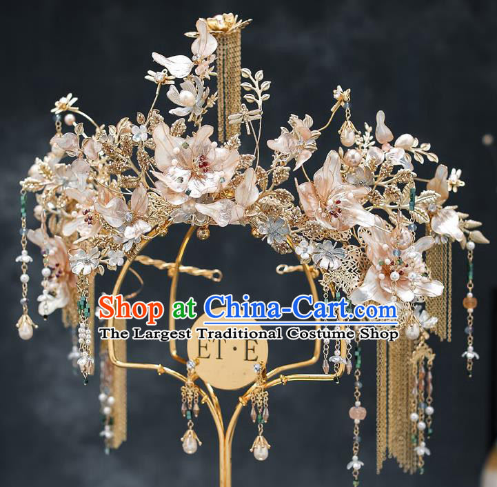 Chinese Classical Wedding Hair Crown Handmade Hair Accessories Ancient Bride Hairpins Champagne Flowers Phoenix Coronet Complete Set