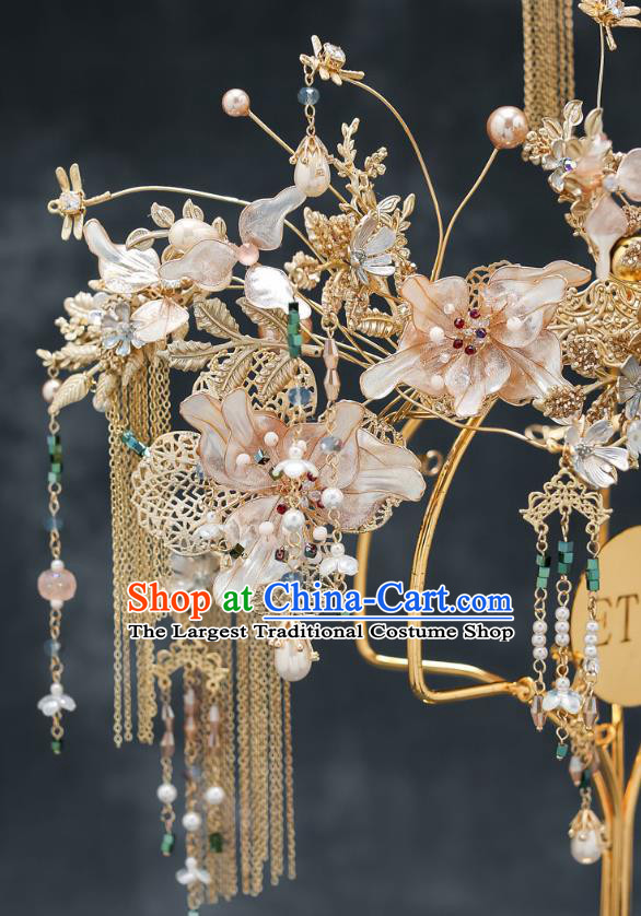 Chinese Classical Wedding Hair Crown Handmade Hair Accessories Ancient Bride Hairpins Champagne Flowers Phoenix Coronet Complete Set