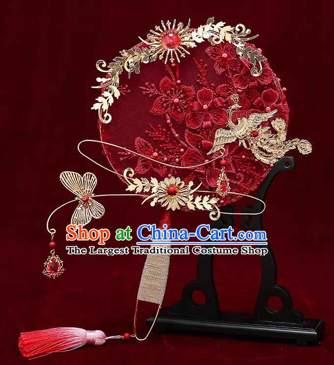 Chinese Handmade Wedding Red Lace Flowers Palace Fans Classical Fans Ancient Bride Golden Butterfly Round Fans