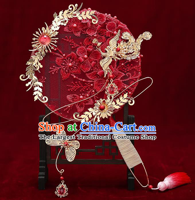 Chinese Handmade Wedding Red Lace Flowers Palace Fans Classical Fans Ancient Bride Golden Butterfly Round Fans