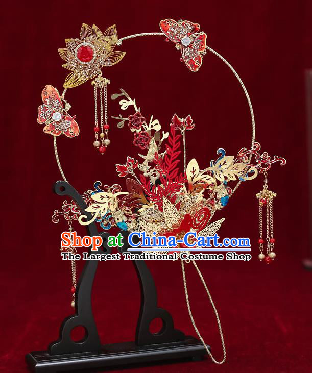 Chinese Handmade Wedding Red Butterfly Lotus Palace Fans Classical Fans Ancient Bride Tassel Round Fans