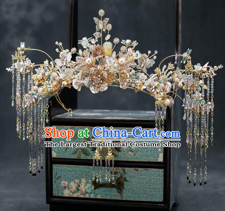 Chinese Classical Wedding Golden Hair Crown Handmade Hair Accessories Ancient Bride Hairpins Crystal Butterfly Phoenix Coronet Complete Set