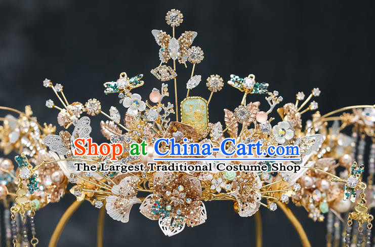Chinese Classical Wedding Golden Hair Crown Handmade Hair Accessories Ancient Bride Hairpins Crystal Butterfly Phoenix Coronet Complete Set