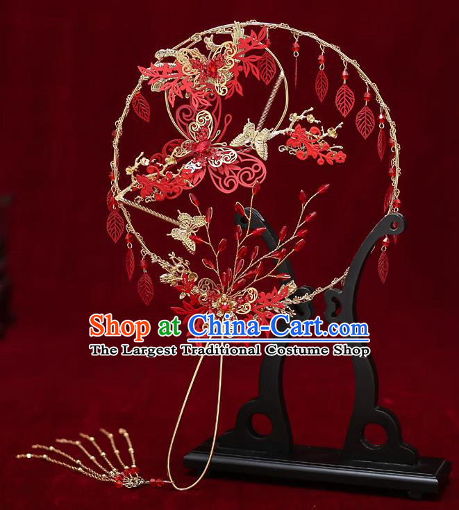 Chinese Handmade Wedding Red Leaf Palace Fans Classical Fans Ancient Bride Butterfly Round Fans